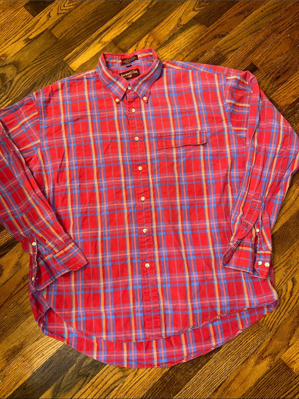 Racquet Club Men’s Red Plaid Button-Down Shirt with Blue Accents